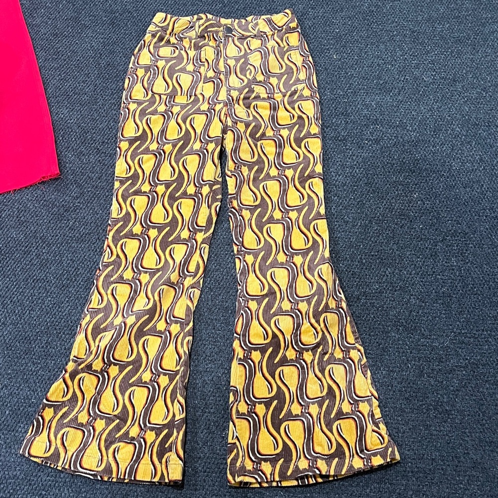 Lucy & Yak Yellow and Brown cat Patterned Flare Pants